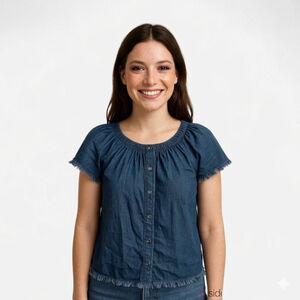 NSF Denim Frayed Short Sleeve Top - Medium